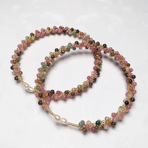Vibrant tourmaline beaded bracelets with 14K gold-filled wire and freshwater pearls