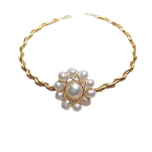 Elegant 14K gold wire hand-wrapped freshwater pearl flower necklace with rope chain design