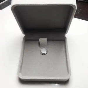 Macro shot of light gray velvet jewelry box with metal snap for necklaces or pendants