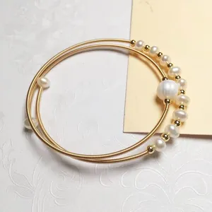 Double-layer 14K gold-filled bracelet with white freshwater pearls and golden beads