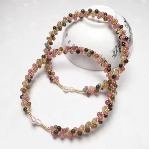 Multicolor Natural Tourmaline Beads Handmade 14K Gold Filled Woven Bangle Bracelet With Artificial Pearl For Women Jewelry Gift