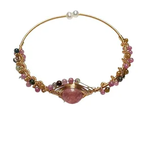 Handmade strawberry quartz and tourmaline wire-wrapped 14K gold plated bangle bracelet