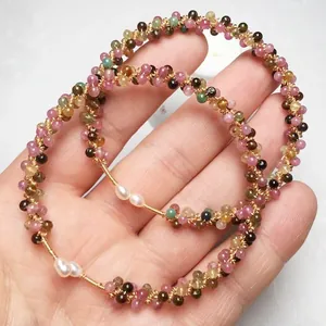 Tourmaline and freshwater pearl bracelet with 14K gold filled wire wrapping detail
