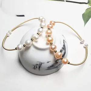 Handmade 14K gold filled open bracelet with white and pink freshwater pearls for women