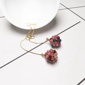Tourmaline crystal ball drop earrings with elegant long gold tassel chain for women