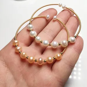 Handmade 14K gold filled cuff bracelet with freshwater white and pink pearls