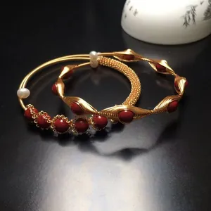 Handcrafted 14K Gold Filled Cinnabar Bangle Women Vintage Oriental Wire Wrapped Artificial Pearl Decorative Bracelet Jewelry
