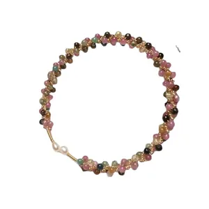 Colorful tourmaline beaded bangle with 14K gold-filled wire and elegant white pearls