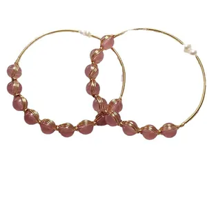 Handmade 14K gold filled hoop earrings with strawberry quartz beads and pearls