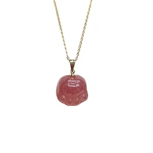 Red strawberry quartz cat paw pendant necklace with a fine gold chain for women