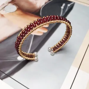 Handmade 14K gold-plated wire-wrapped garnet bracelet with red beads and white pearls