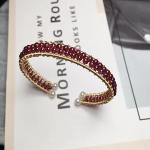 Natural Burgundy Garnet 14K Gold Plated Wire Wrapped Cuff Bracelet With Artificial Pearl Accents Handmade Bohemian Jewelry For Women