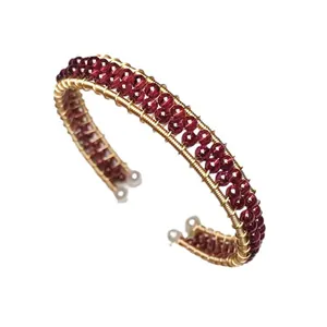 Three-row garnet bead wrap bracelet with 14K gold-filled wire in a handcrafted design