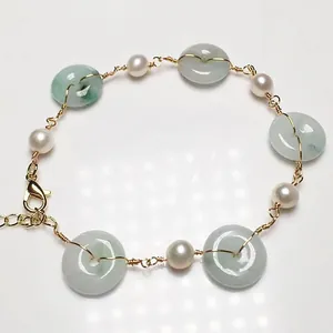Freshwater pearl and jade Ping'an buckle bracelet with 14K gold-filled wire wrapping