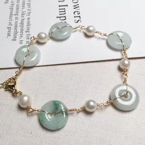 Handmade freshwater pearl and jadeite pi disc bracelet with 14K gold filled wire