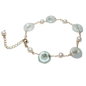 Freshwater pearl and jadeite pi disc bracelet with 14K gold-filled adjustable chain