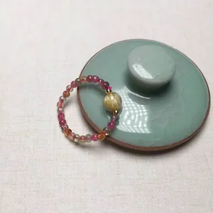Anello elastico con perline in tormalina naturale e quarzo rutilato dal design retrò