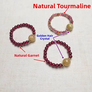 Anelli elastici con perline di tormalina naturale, granato e quarzo rutilato dorato