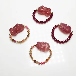 Natural Garnet Tourmaline Beaded Ring With Strawberry Crystal Pixiu Carving Lucky Charm Hand Jewelry Gift For Women