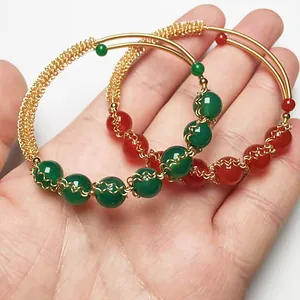 14K gold filled open cuff bracelets with red and green agate beads and twisted wire detail