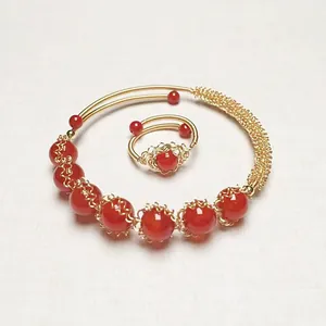14K gold filled red agate bead bracelet and ring set with handmade wire wrap design