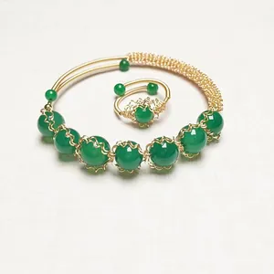 Natural Red Green Agate Bangle Bracelet And Ring Set Handmade Gold Plated Wire Wrapped Ethnic Style Retro Jewelry Gift For Women