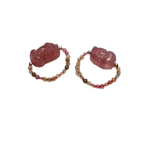 Beaded Pixiu rings with strawberry quartz and garnet stones for women in traditional style