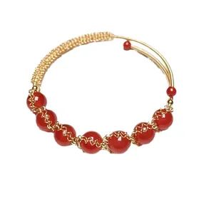 Elegant 14K gold filled red agate bead woven cuff bracelet with intricate wire wrapping