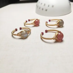 Handgefertigt 14K Goldgefüllt Drahtgewickelt Natur Erdbeerquarz Labradorit Offen Verstellbarer Ring Für Damen Vintage Schmuck