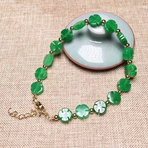 Green clover gemstone beaded bracelet with 14K gold plated beads and lobster clasp