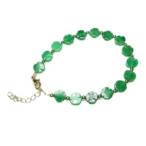 Green chalcedony clover beaded bracelet with 14K gold-plated accents for women