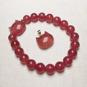 Natural Strawberry Quartz Bracelet Cute Cat Head Pendant 14K Gold Filled Handwoven Red Rope Adjustable Jewelry For Women