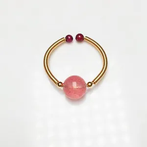 Handmade 14K wire wrapped crystal ring with pink strawberry quartz and red beads decoration
