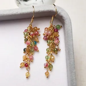 Orecchini a grappolo in tormalina multicolore con ganci placcati oro 14K