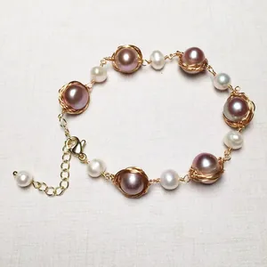 Handmade freshwater pearl bracelet with 14K gold-filled wire wrap and adjustable chain