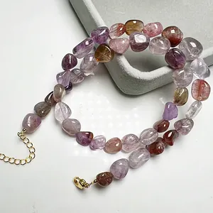 Mixed natural crystal necklace with Auralite-23 and strawberry quartz and gold clasp