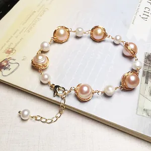 Handmade freshwater pearl bracelet with 14K gold filled wire wrap and pink pearls