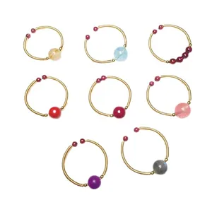 Adjustable 14K gold wire wrapped rings with natural crystal beads in various colors