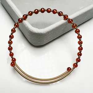 Handmade 14K Gold Filled Wire Wrapped Crystal Bangle Women Natural Orange Garnet Labradorite Beaded Bracelet Vintage Jewelry Gift