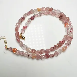 Natural strawberry crystal stone bead necklace with adjustable golden lobster clasp