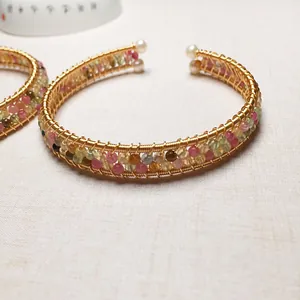Handmade 14K gold filled tourmaline wire wrapped open bangle with freshwater pearls