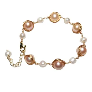 Pink and white freshwater pearl bracelet with 14K gold filled wire wrapping details