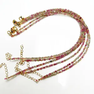 Candy-colored 2.4mm tourmaline bead necklace set with adjustable gold lobster clasps