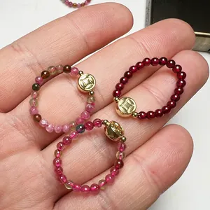 Natural Garnet Tourmaline Beaded Ring 14K Gold Plated Copper Elastic Handmade Jewelry With Ancient Coin Charm For Women