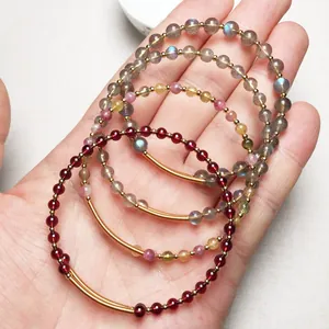Bracelet en Perles de Cristal Naturel Fait à la Main pour Femmes Grenat Labradorite Tourmaline avec Tube en Métal Plaqué Or 14K Bijoux