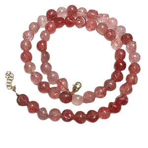 Natural strawberry quartz beaded necklace with adjustable gold-plated lobster clasp