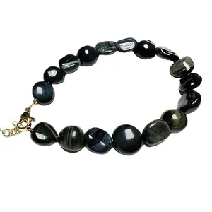 Blue Tiger Eye beaded bracelet with 14K gold plated lobster clasp and adjustable chain