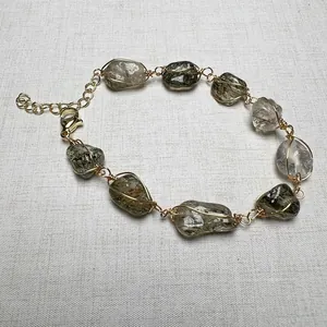 Bracciale in Pietra Grezza di Quarzo Naturale Super Seven Fatto a Mano Avvolto in Filo Placcato Oro Gioielli in Cristallo