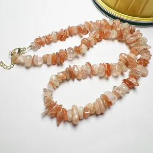 Natural orange quartz crystal chip stone necklace with adjustable golden lobster clasp