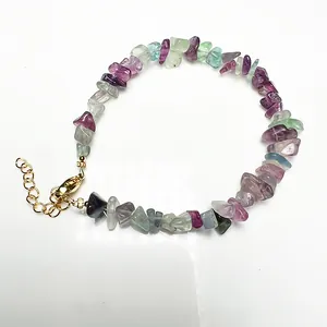 Detailed view of colorful fluorite gravel bracelet with gold adjustable lobster clasp